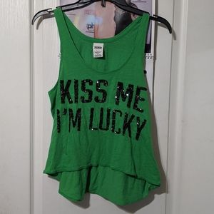 PINK Victoria’s Secret VS Kiss Me I'm Lucky Sequin Bling Green Workout Tank Top